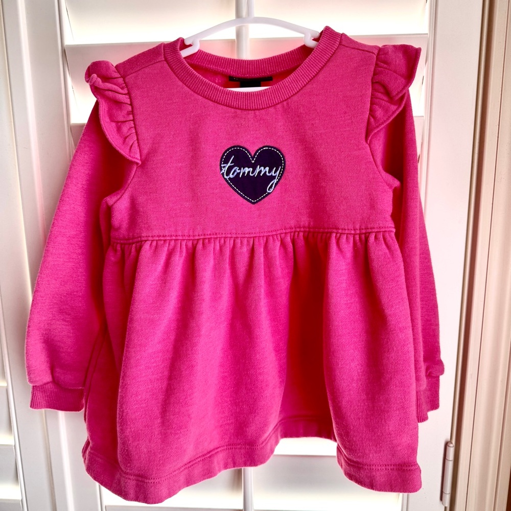 Tommy Hilfiger Girls 3T Pink Sweatshirt Dress Ruffle Sleeve Heart Logo Tunic